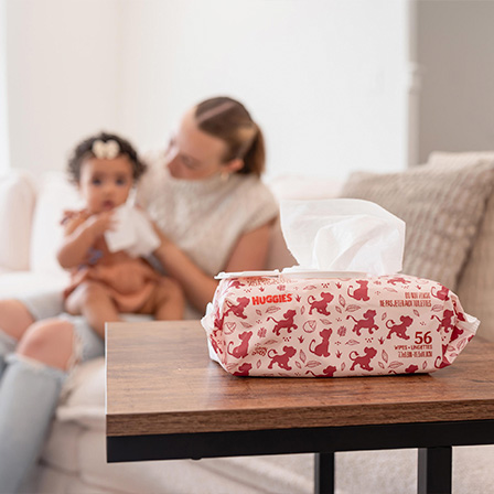Pack of Huggies® Nourish™ Baby Wipes on the table