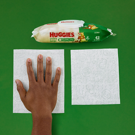 Huggies® Extra Large Baby Wipes are 20% larger* for more hand protection