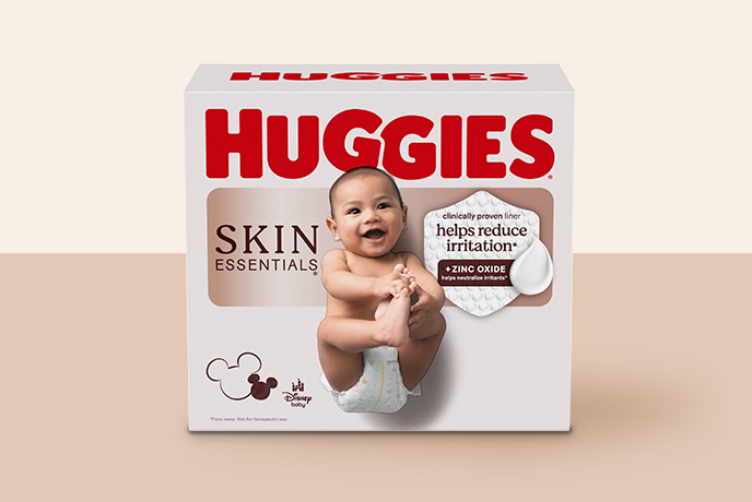 Huggies® Skin Essentials™ Diapers featuring up to 100% blowout and leakproof protection